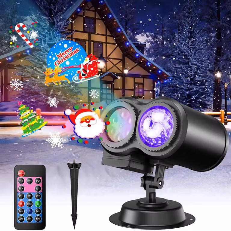 Proiettore per Halloween e Natale - Proiettore LED a 2 teste - Per uso esterno - Effetti di fiocchi di neve e onde - 12 modelli - Telecomando - Con funzione di regolazione della luminosità