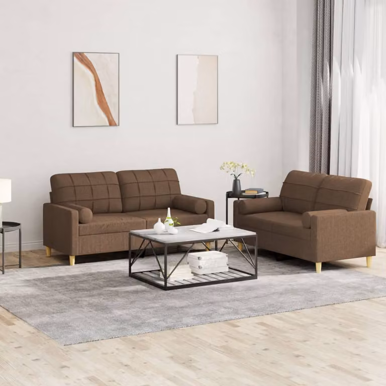 Set di 2 Divani Moderni vidaXL in Tessuto Marrone con Cuscini e Struttura Imbottita