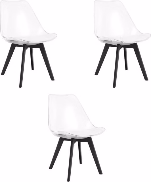 Set di 3 sedie moderne Valora in plastica trasparente con gambe in legno di faggio bianco e nero per cucina e soggiorno