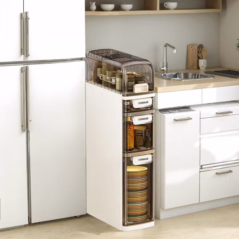 Mobiletto bagno stretto con ruote, 4 ripiani, 3 cassetti, in plastica