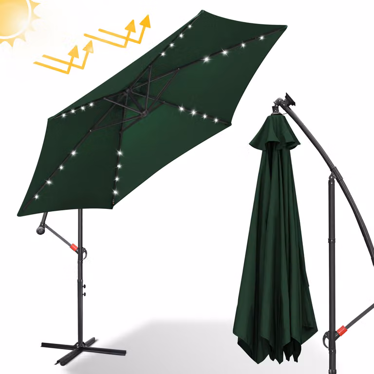 Ombrellone con illuminazione a LED Ombrellone a semaforo 300 cm Ombrellone da giardino con 24 luci LED Protezione UV Ombrellone a manovella Supporto Ombrellone da giardino Ombrellone da mercato, verde