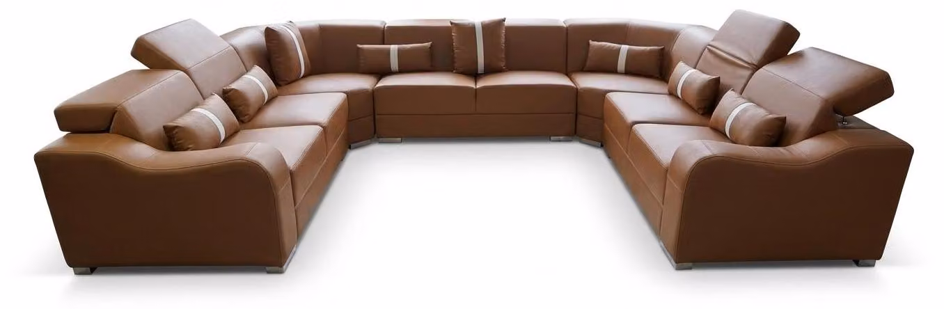 Divano angolare moderno marrone, struttura in legno, dimensioni extra large, ideale per il soggiorno