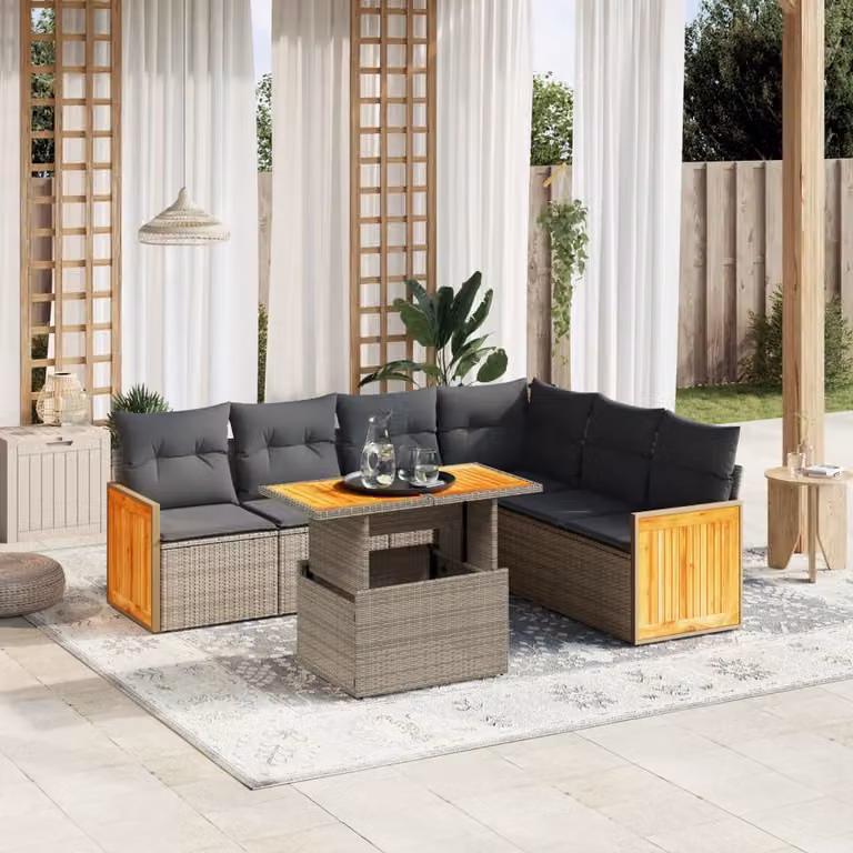 Set di divani da giardino vidaXL in polyrattan grigio con cuscini, 7 pezzi