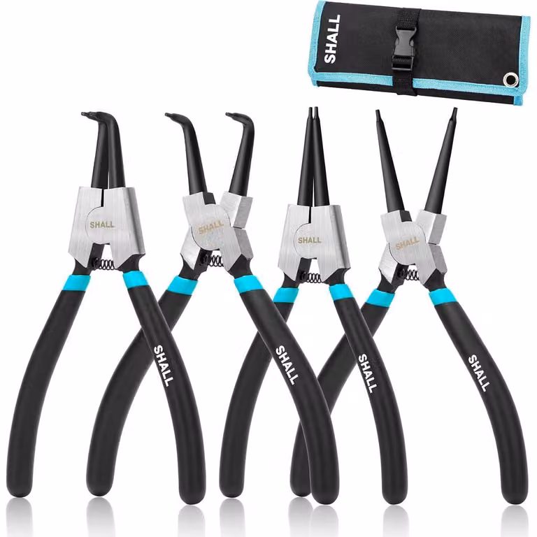 Set di pinze per anelli di sicurezza, 4 pezzi, 7 pollici, con punte dritte/curve, per uso interno/esterno, con custodia