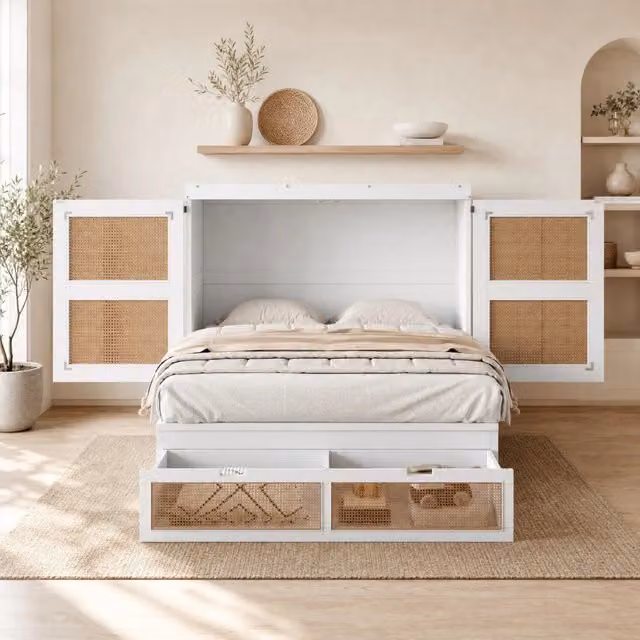 Letto a scomparsa 140 × 200 cm verticale con rete a doghe e cassetti contenitore in legno bianco con ante rattan