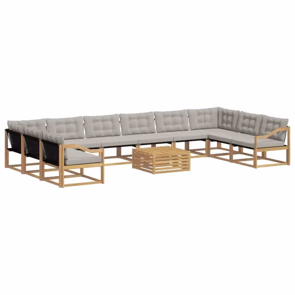 Set di divani da esterno a forma di U vidaXL in legno di acacia con tavolino da caffè, 11 pezzi, Bianco e Grigio – 2