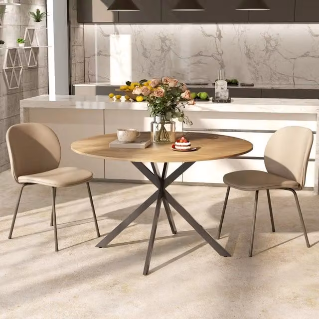 Tavolo da pranzo rotondo REDOM in stile industriale con piano in legno color oak e struttura in metallo, Diametro: 120 cm – 1