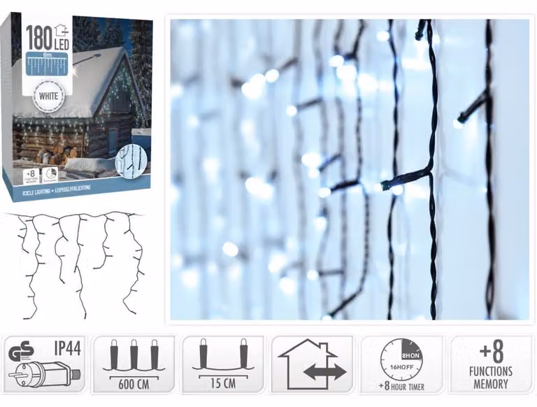Tenda luminosa a 180 LED con timer, bianco freddo