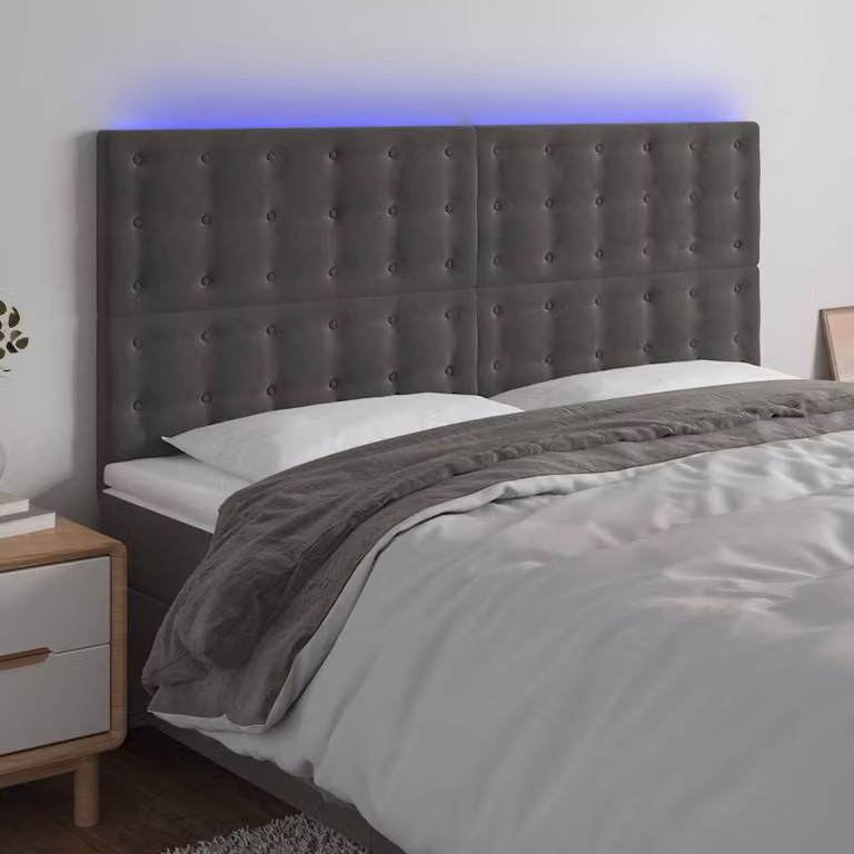Testiera per letto con illuminazione LED e porta USB vidaXL in velluto grigio, L: 160 cm, P: 5 cm, H: 118/128 cm
