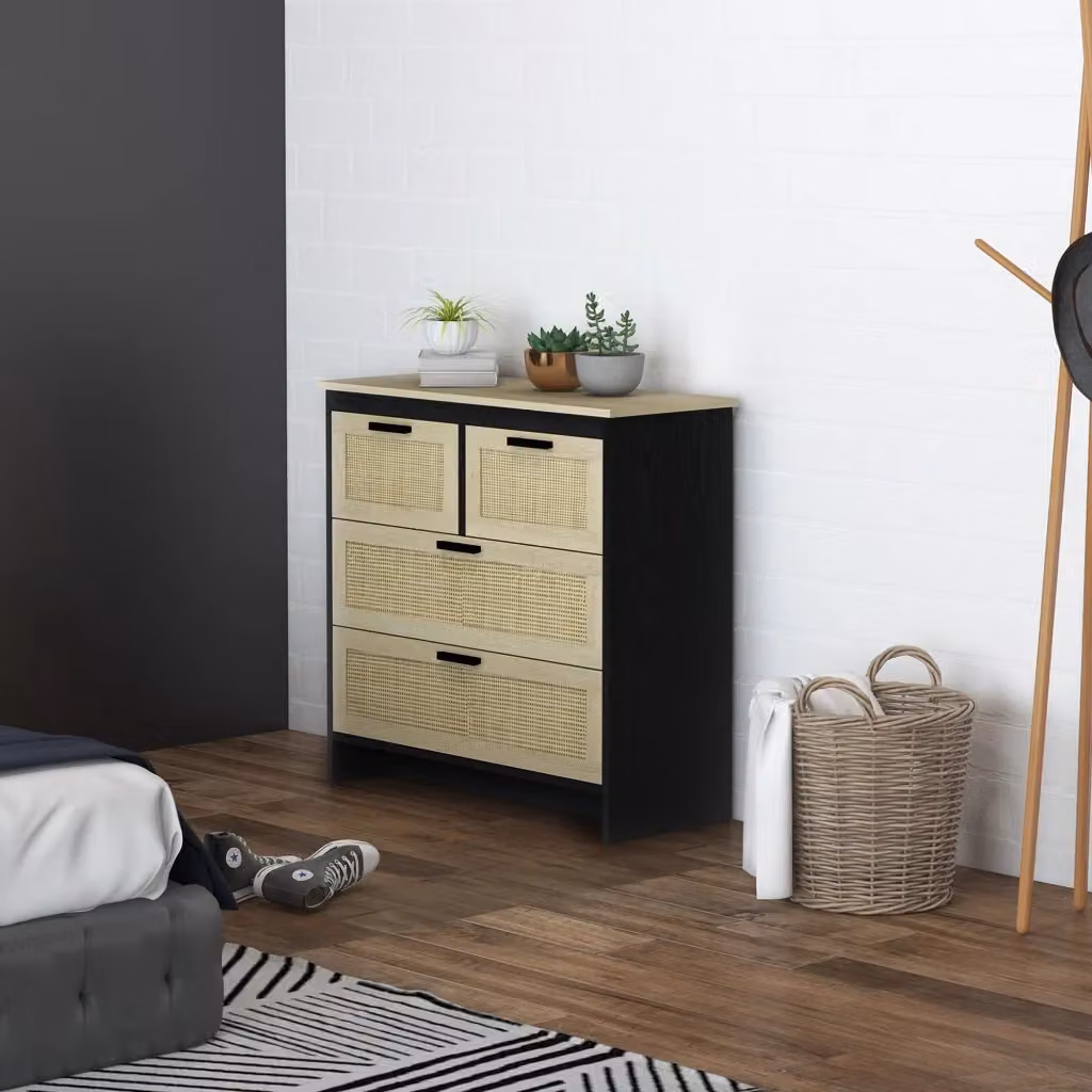 Cassettiera moderna GIORDANOSHOP con 4 cassetti in rattan e MDF, colore nero e marrone, L 80 cm x P 38 cm x H 80 cm – 2