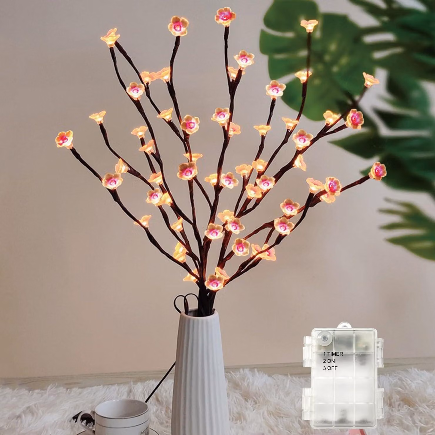Ramo di fiori di ciliegio artificiali con luci LED, 40 luci bianche calde, lunghezza 2 x 73 cm, con timer
