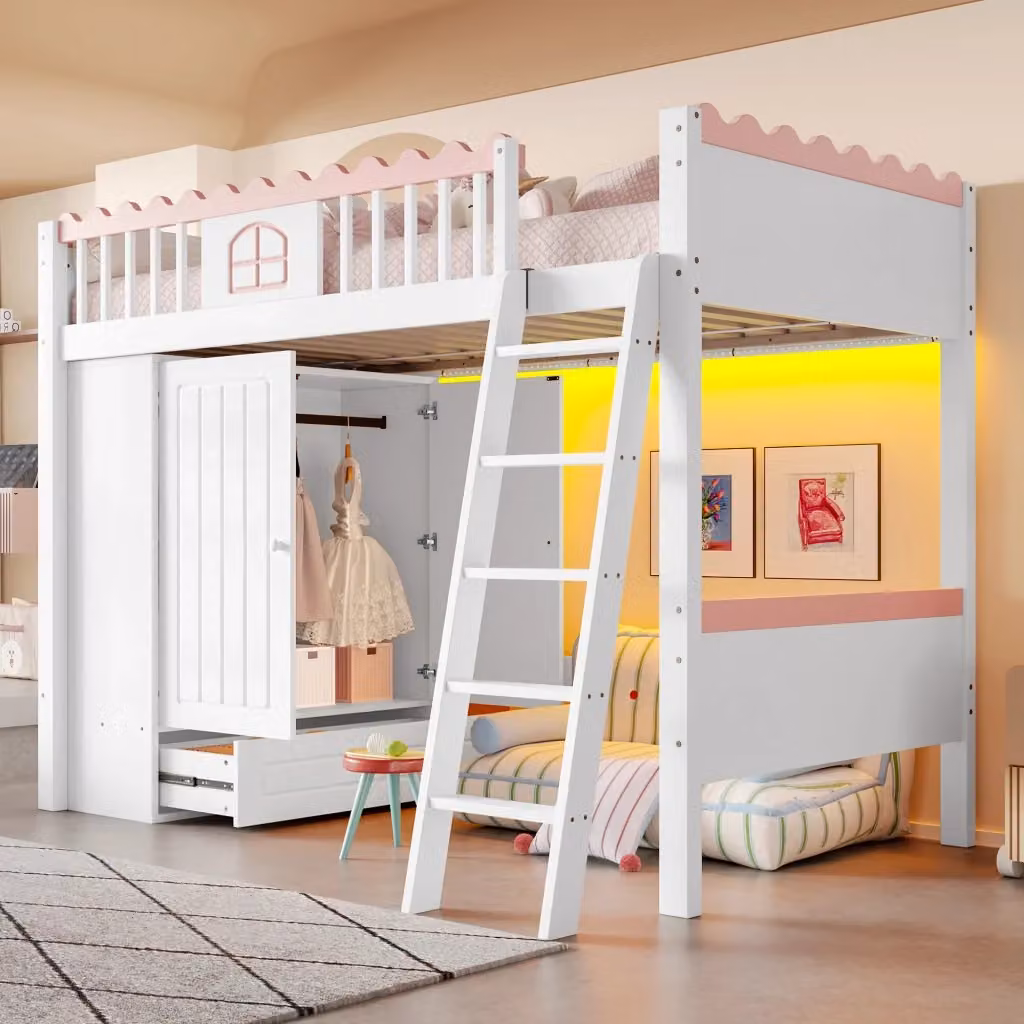 Letto a castello REDOM per bambini in pino bianco e rosa con illuminazione LED e cassetti L/P/H: 205 x 90 x 160,8 cm – 2