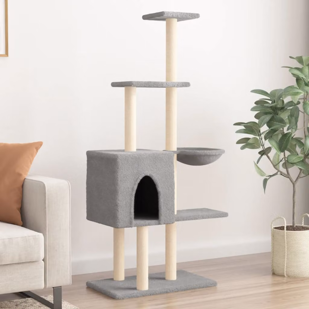 Albero per gatti vidaXL con tiragraffi in sisal e legno, colore grigio, Altezza: 145 cm