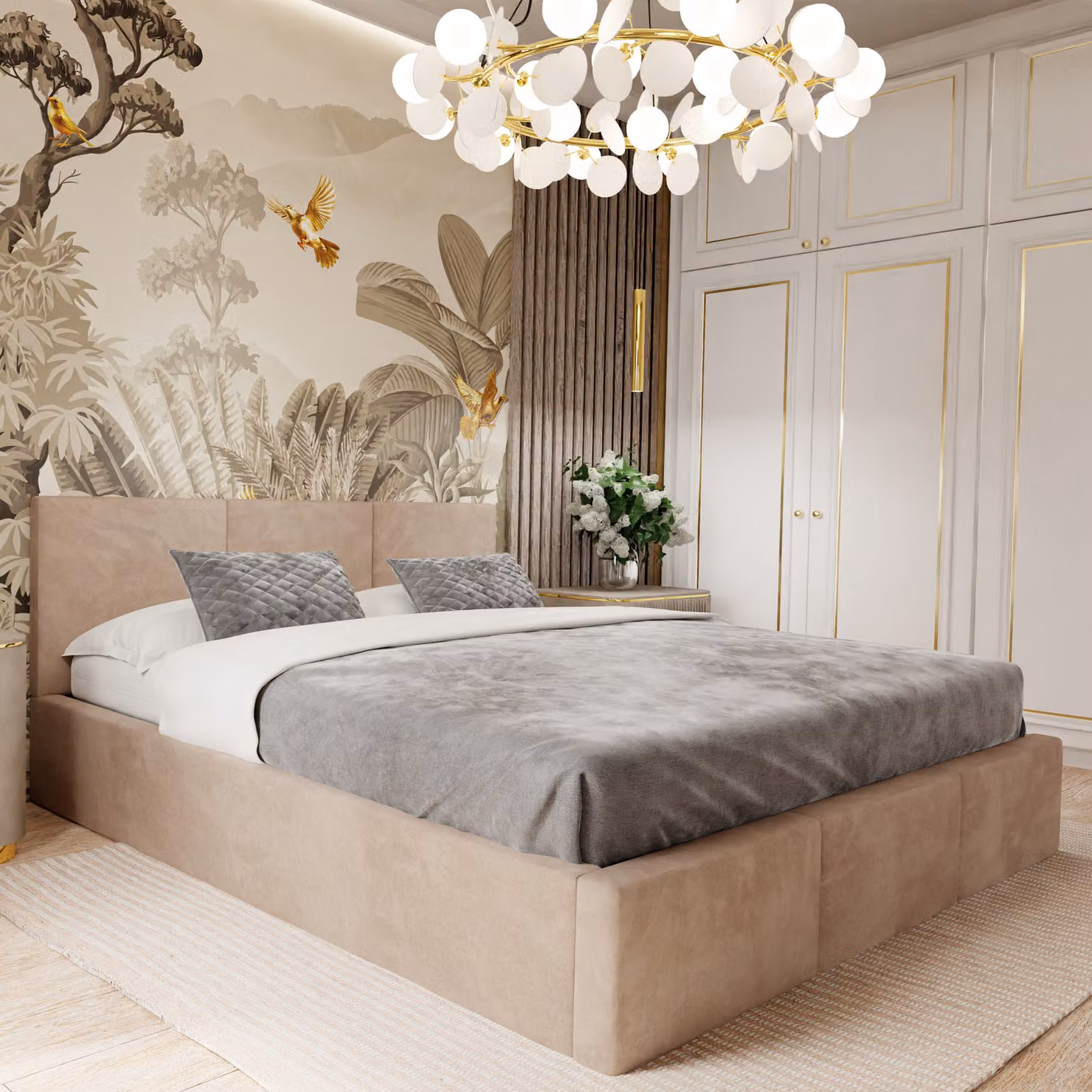 Muralo Letto imbottito per camera da letto Letto imbottito con rete e molla a gas Letto con testiera imbottita Letto 120x200 Letto con contenitore Beige