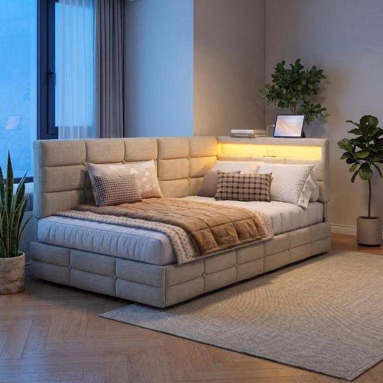 Letto imbottito per bambini INONEFT, 90x200 cm, con LED e USB, divano letto multifunzione con rete a doghe/vano contenitore, letto contenitore con 2 cassetti, colore: lino, beige