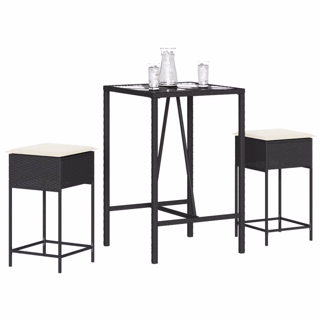 Set Bar da Giardino vidaXL in Polyrattan e Metallo con Cuscini e Piano in Vetro, 3 Pezzi, Nero e Bianco