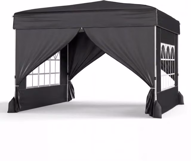 3x3m Gazebo da esterno in tessuto oxford con parete rimovibili finestre trasparenti porta, Tendone da giardino pieghevole Nero