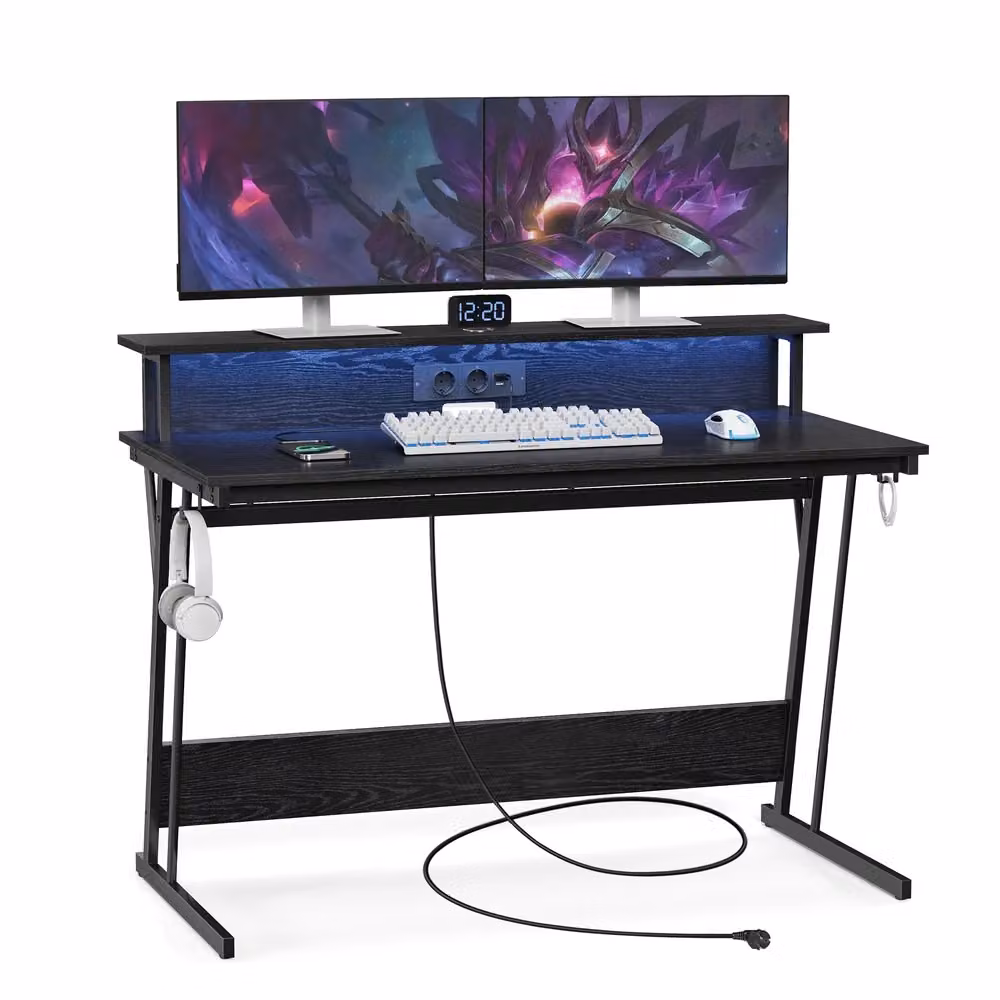 Scrivania da Gaming con Luci LED Prese di Corrente Supporto per Monitor, Nero Ebano / 60P x 120l cm