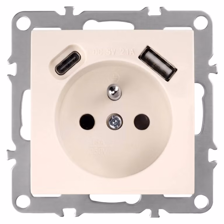 Presa Singola Con Messa A Terra Toolight Oste Jnh004-G +Usb-A, Usb-C Beige
