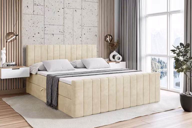 Letto boxspring ALTDECOR con pediera, materasso H4 e topper - 200x200 cm - EDITA-Z - Velluto beige - Letto imbottito con contenitore e rete a doghe, letto con spazio contenitivo