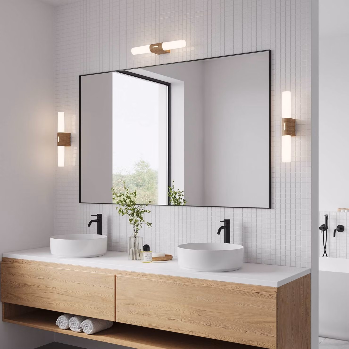 Nordlux Applique da parete Helva Double Basic, Legno chiaro, Bagno, Plastica, Applique
