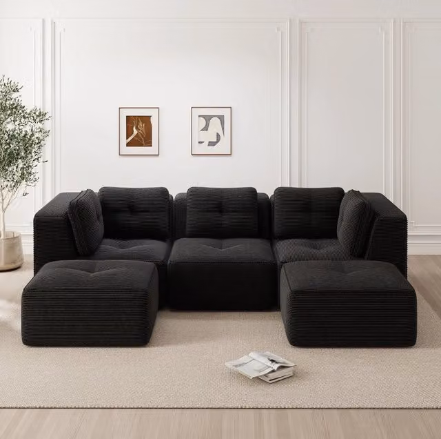 Divano angolare modulare senza struttura rigida; 297x177x69 cm; in corduroy nero