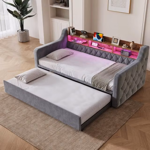 Letto da banco 90x190 cm; LED; USB-C; divano letto con letto estraibile; braccioli; portaoggetti per testiera; molla a scatola; velluto; grigio scuro