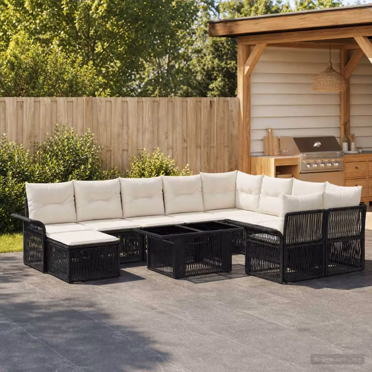 Set Divano da Giardino vidaXL 11 pz in Polyrattan Nero e Bianco Crema con Cuscini e Tavolino da Esterno a Forma di U