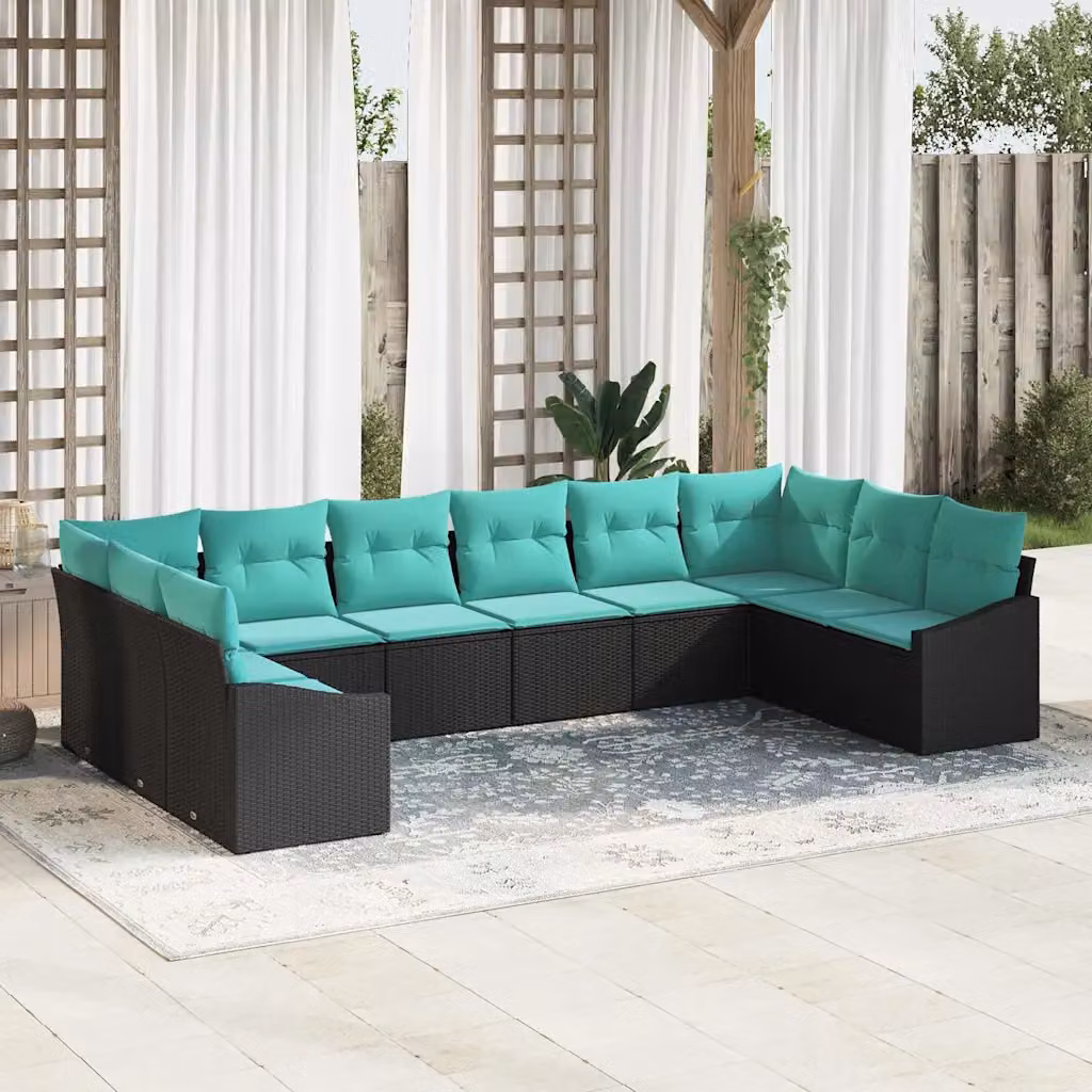 Set di divani da giardino vidaXL a forma di U composto da 10 pezzi in rattan nero e turchese con cuscini inclusi e tavolino da caffè per esterno