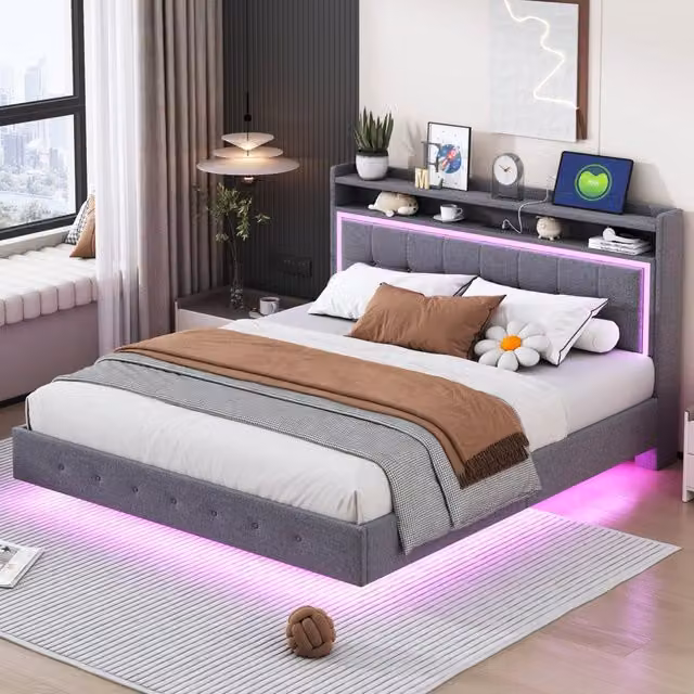 Letto matrimoniale imbottito 160×200 cm con presa USB e luci LED, senza materasso, in lino grigio