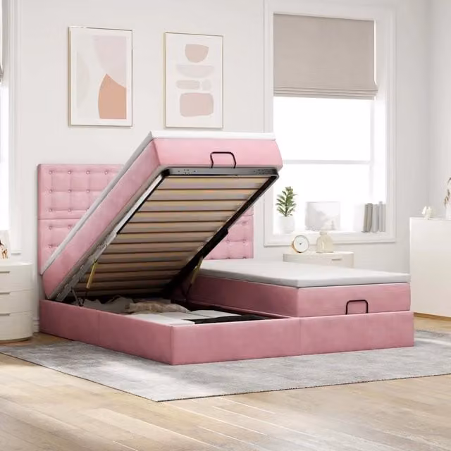 Letto con Contenitore e Pouf vidaXL in Velluto Rosa e Bianco, L 200 x P 200 x H 280 cm con Base a Sollevamento, Illuminazione Sotto il Letto e Porte USB