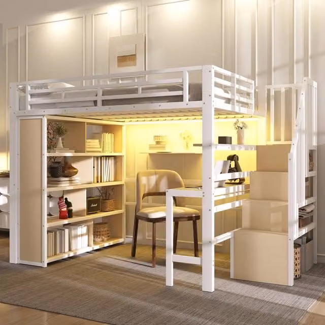 Letto a soppalco 140x200 cm con scrivania e LED in metallo e MDF bianco