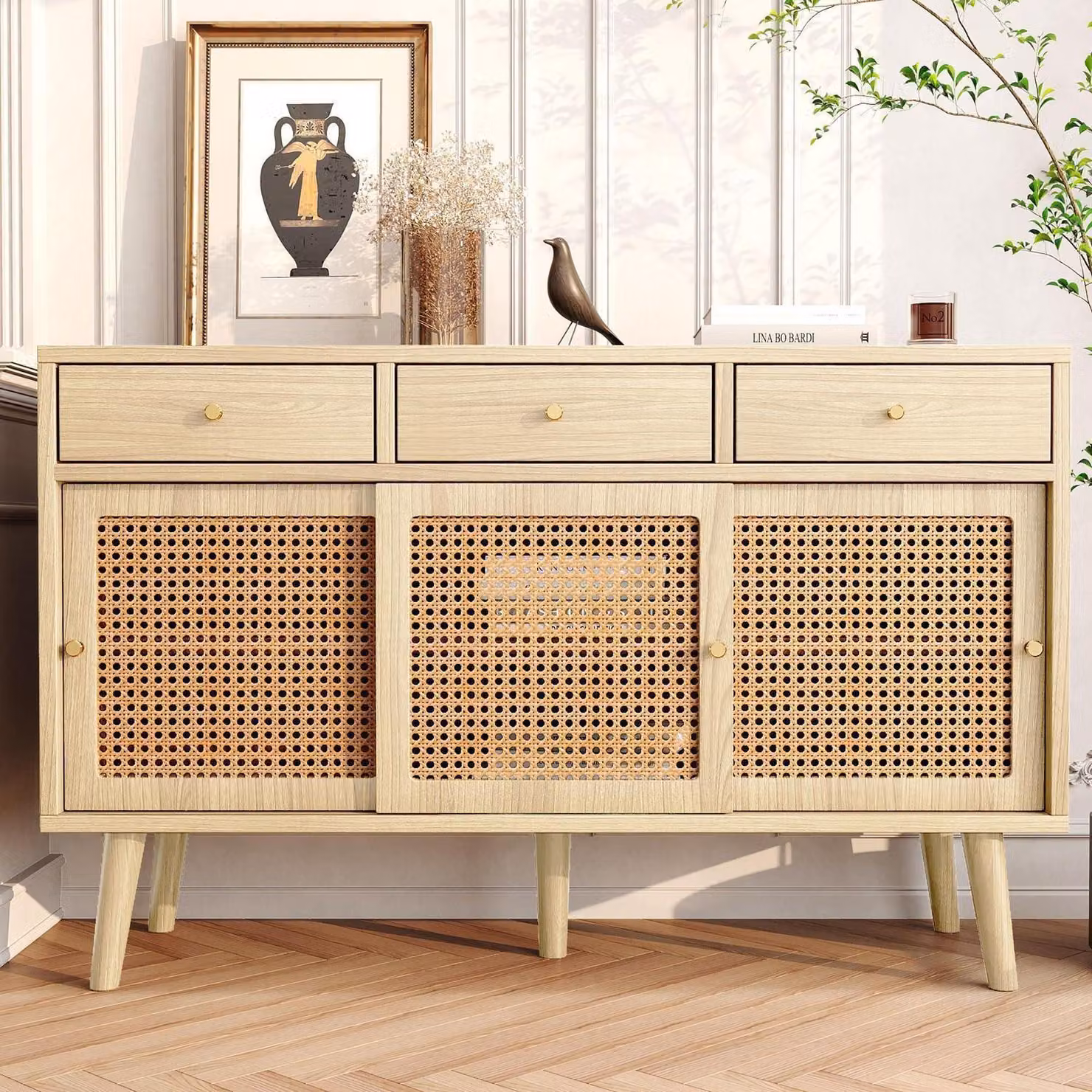Credenza in rattan con 3 cassetti, 3 ante scorrevoli, dimensioni 120x40x78 cm, finitura effetto legno di quercia, realizzata in MDF con gambe in legno massello