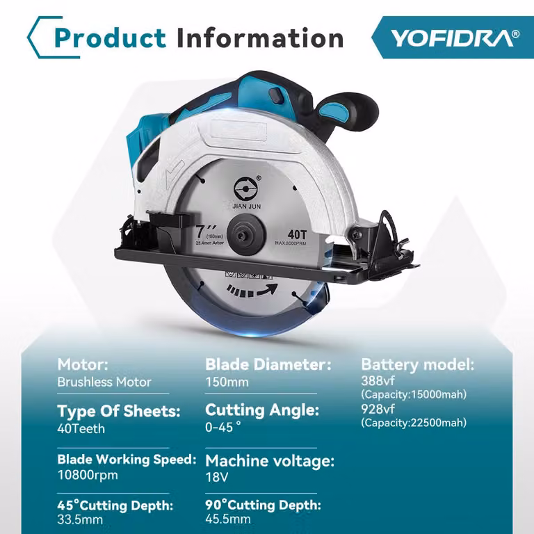 Sega circolare Accu da 185 mm - 18V - Motore brushless - Adatta per legno e PVC