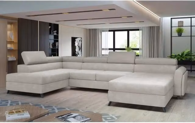 Divano angolare a U Meublorama CLOTIS Beige con funzione letto e poggiatesta regolabile