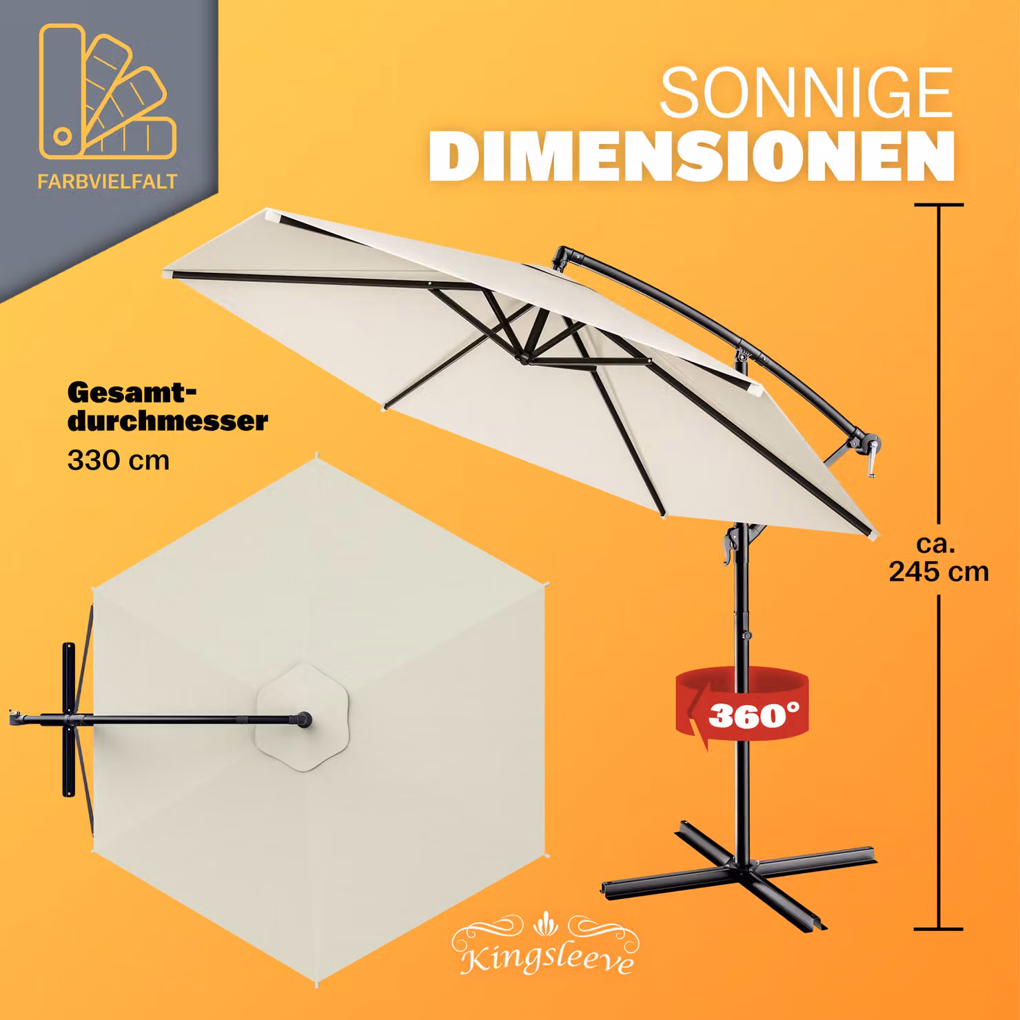 Ombrellone decentrato Kingsleeve® color beige in alluminio e poliestere con protezione UV50+, Ø 330 cm – 3