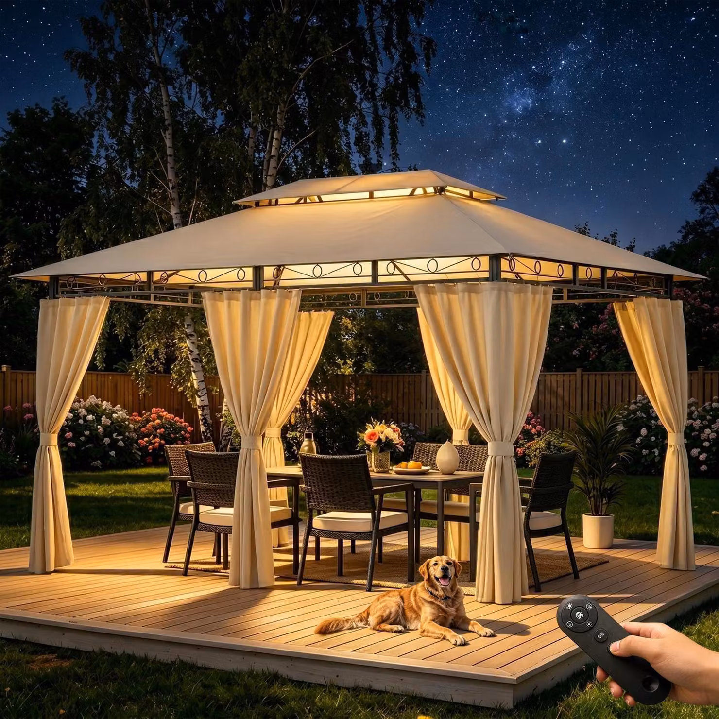 Gazebo da giardino 3x4 metri, impermeabile, stabile, con tetto a doppia falda e pareti laterali, protezione UV 50+, struttura in metallo beige con illuminazione LED
