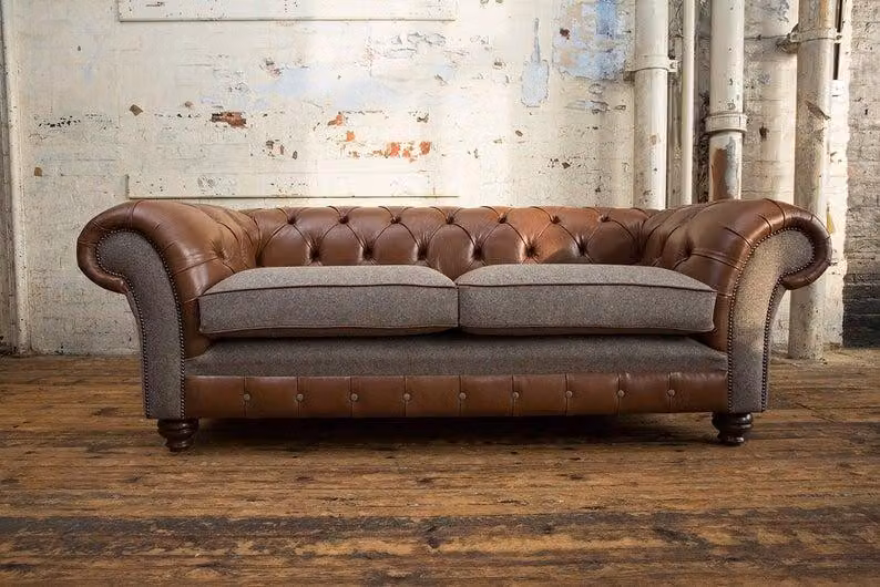Braune 3 Sitzer Chestrerfield Leder Sofa Couch Polster Garnitur Sofas