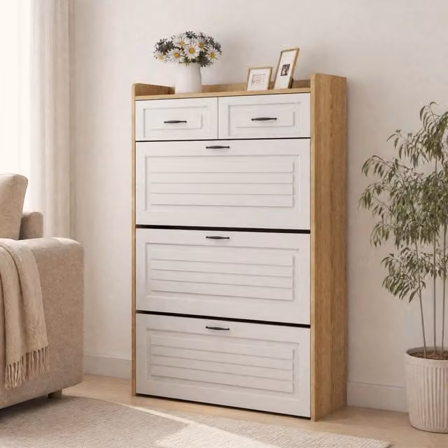 Scarpiera girevole con 3 vani ribaltabili e 2 cassetti per ingresso in truciolare bianco naturale 80 × 23,5 × 131 cm