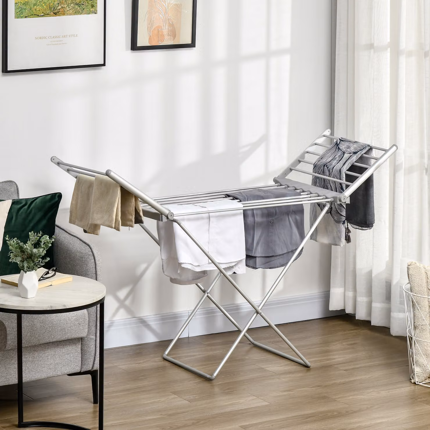 Stendino elettrico riscaldato salvaspazio HOMCOM in alluminio pieghevole, Argento, L 144 x P 53 x H 96 cm – 2