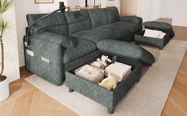 Divano panoramico modulare MIVRAY a 6 posti in tessuto verde con pouf coordinato, ricarica USB e coperture rimovibili, forma a U – 1