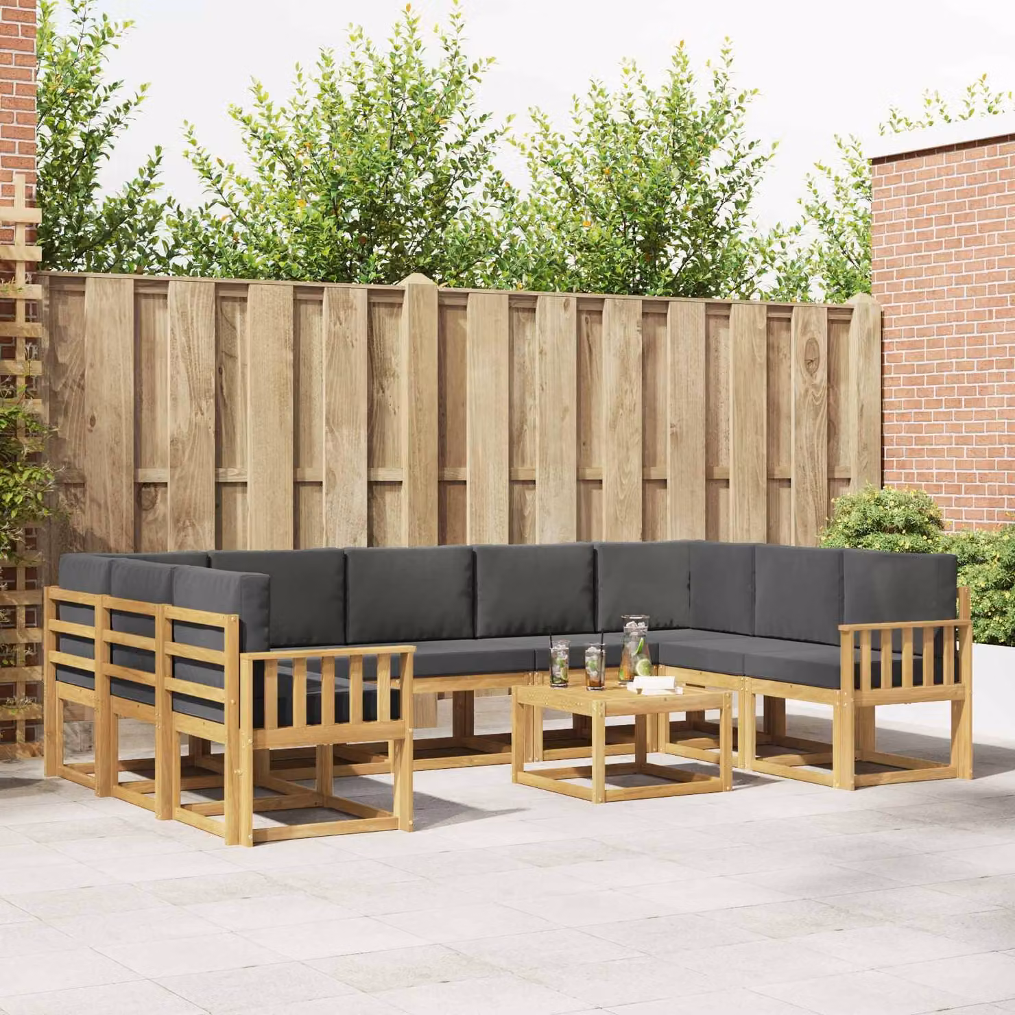 vidaXL Set di divani da esterno a forma di L composto da 10 pezzi in legno di acacia con cuscini, colori Bianco, Antracite e Marrone
