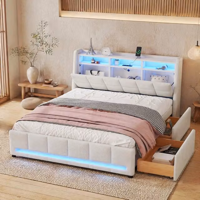Letto imbottito REDOM in tessuto beige con illuminazione LED, porta USB e 2 cassetti, L/P/H: 140 x 200 x 110 cm
