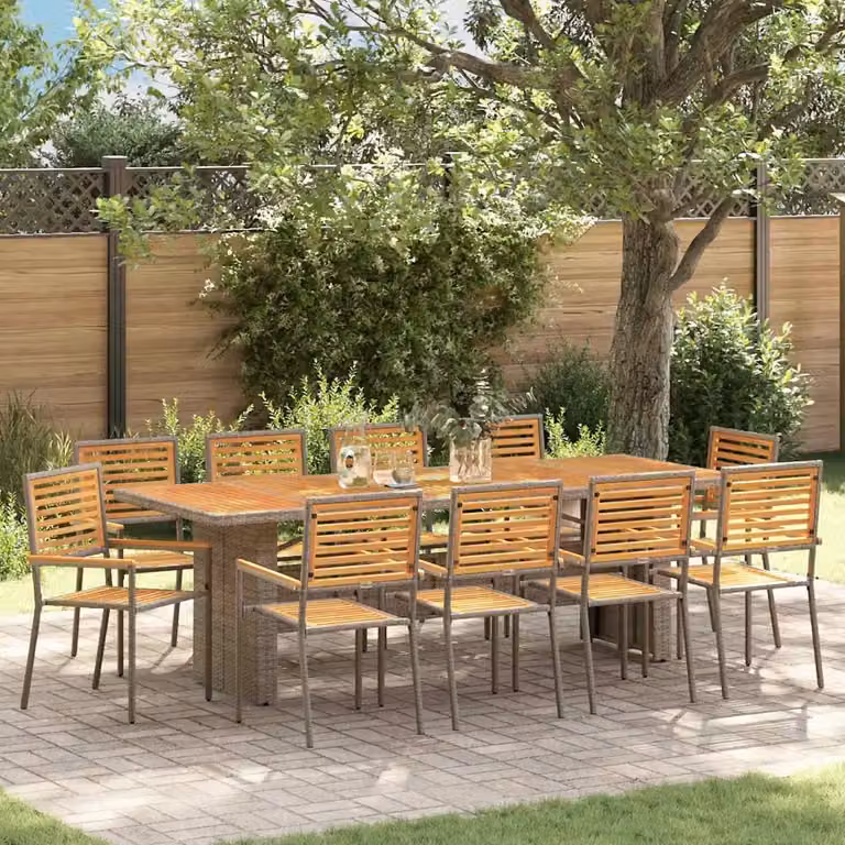 Set da pranzo per giardino e terrazza vidaXL in polyrattan da 11 pezzi, colore grigio e marrone, con tavolo rettangolare in legno di acacia