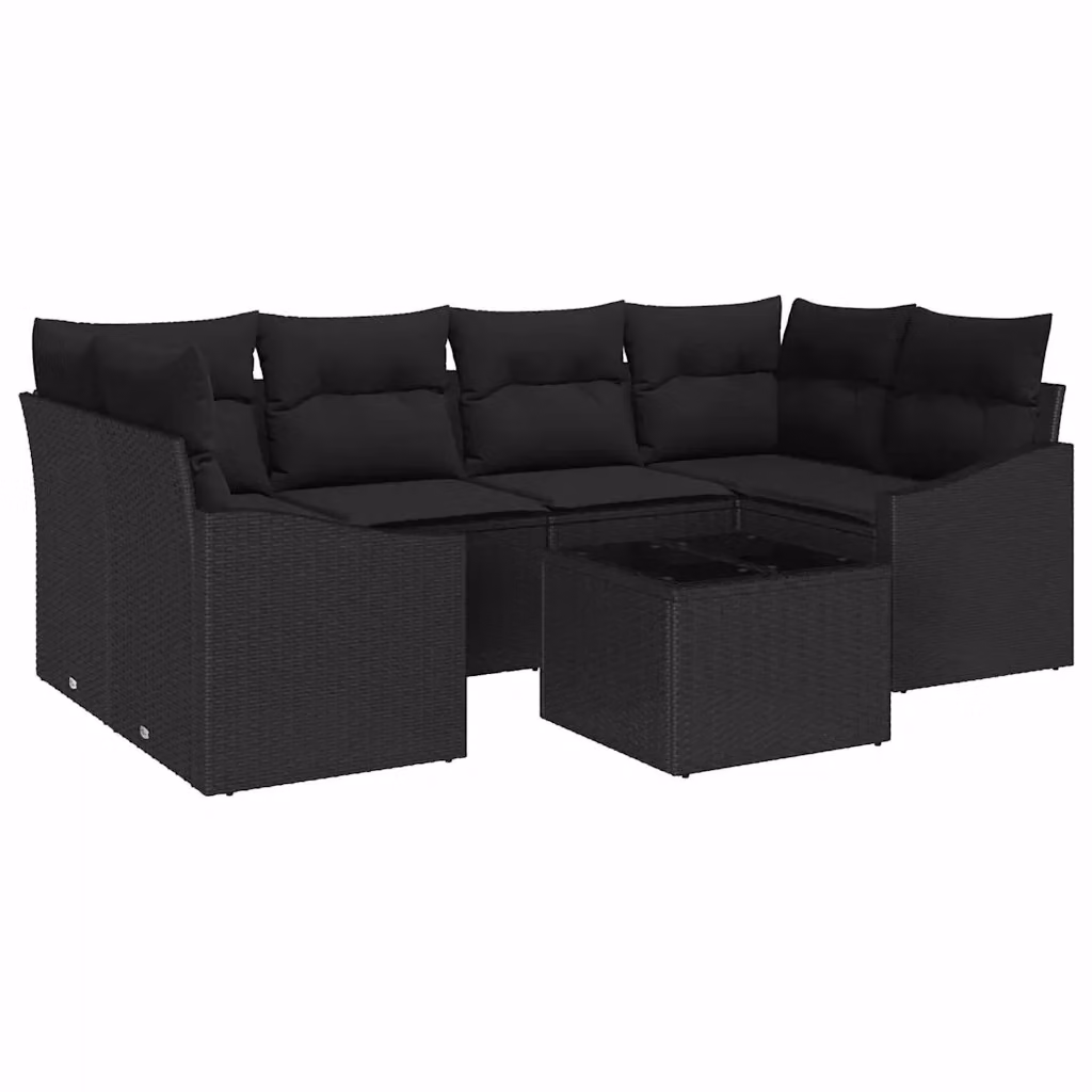 Set di divani da giardino vidaXL a forma di L composto da 7 pezzi con tavolino in vetro e cuscini neri in polyrattan e struttura in acciaio verniciato a polvere – 2