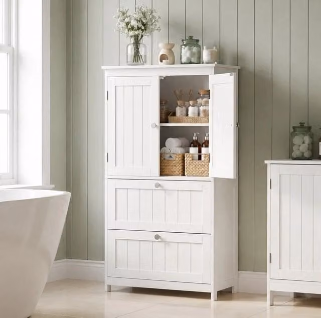 Mobiletto bagno bianco con 2 cassetti, mensola regolabile e ante a doghe, profondità 30 cm