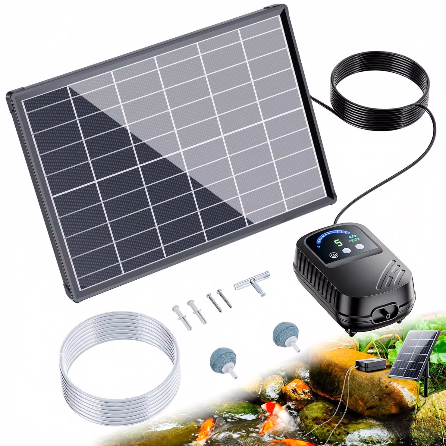 Aeratore solare per stagni - 8 W con batteria da 5000 mAh - Silenzioso e regolabile