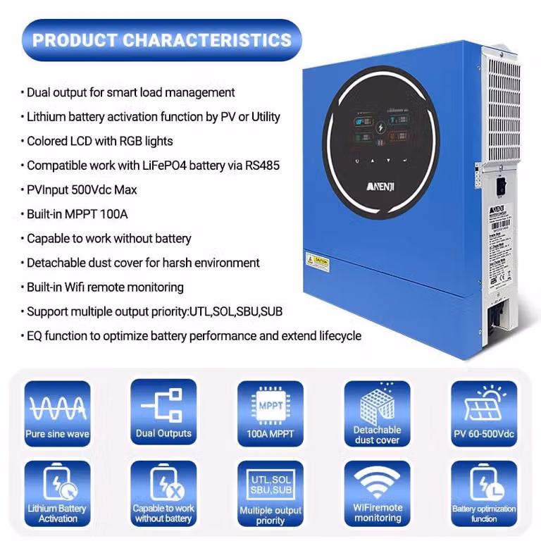 Inverter ibrido da 5 kW, 48 V - Doppia uscita 220-240 V - MPPT 100 A - Con Wi-Fi