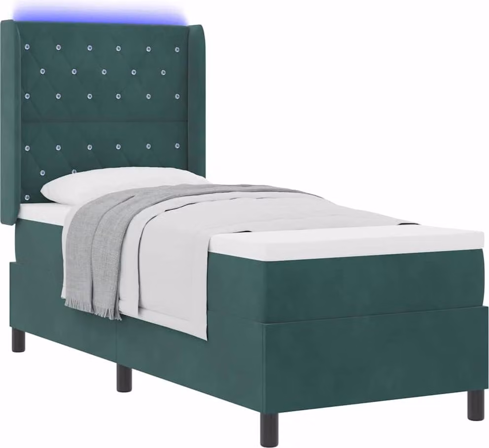 Letto boxspring con materasso e luci LED, verde scuro, 80 x 200 cm, in velluto