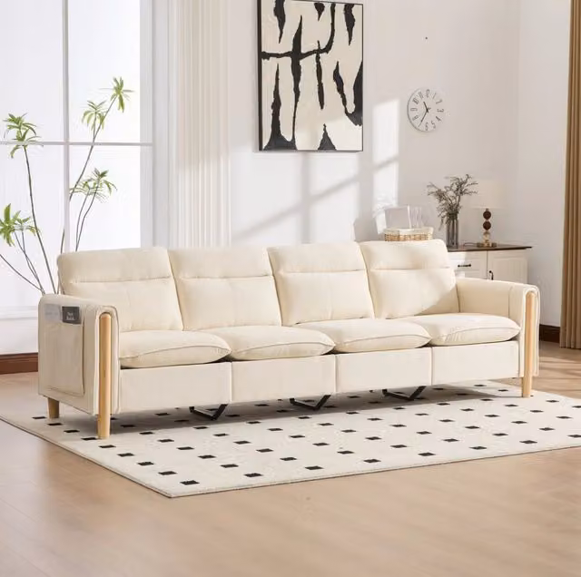 Divano modulare a U con 2 pouf contenitore; 261 cm; in chenille beige